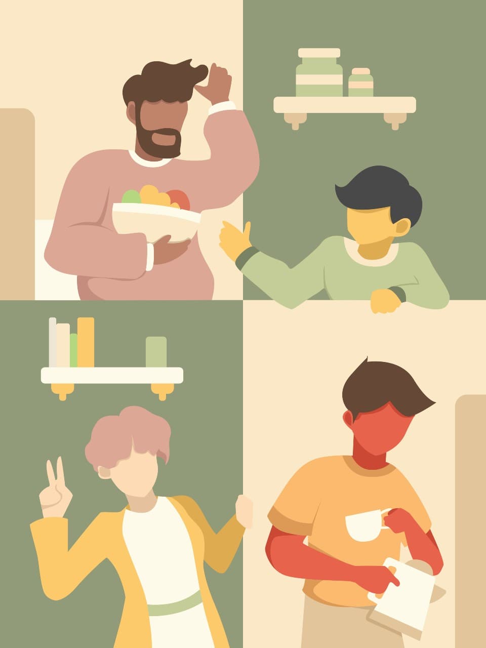 An illustration of a family in a two by two grid interacting with each other